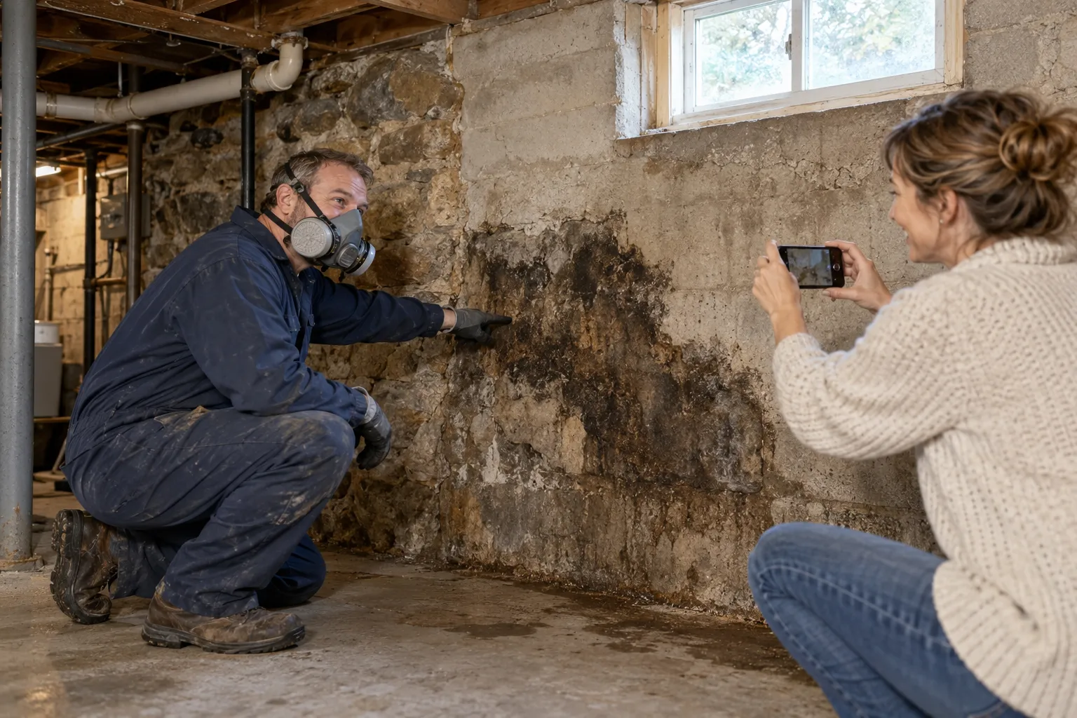 A local provider in protective gear inspecting a stained basement wall in a Hammonton home