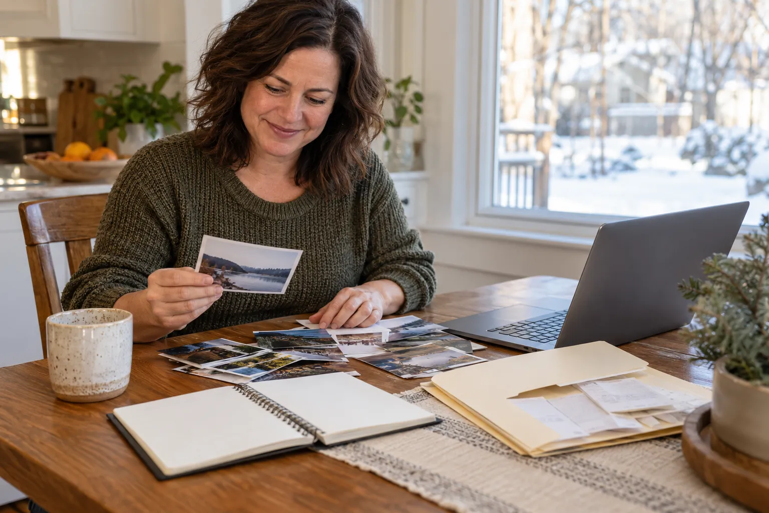 Homeowner organizing mold photos and notes at a kitchen table in the Hammonton area