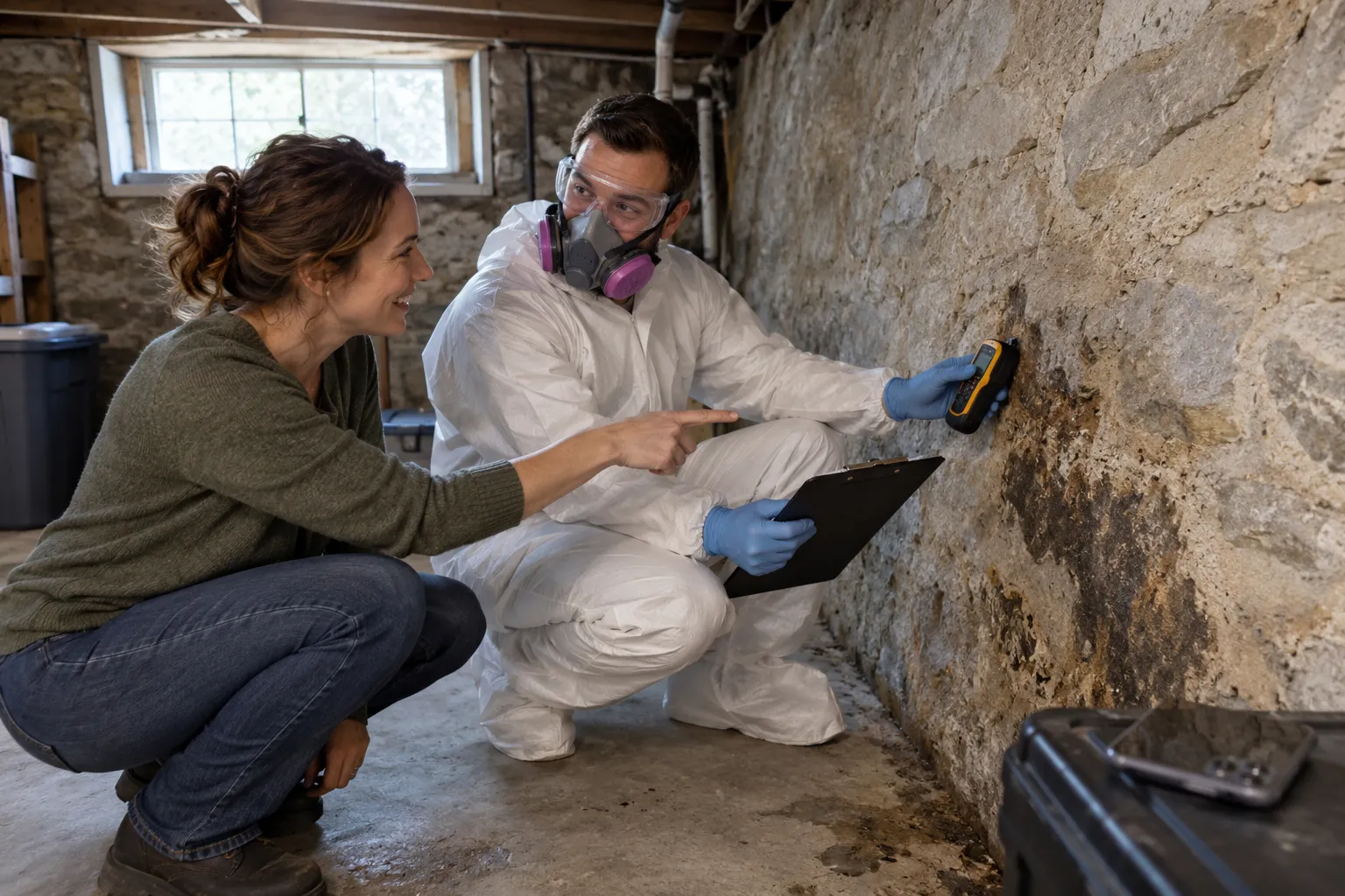 Homeowner showing a damp basement wall to a mold provider in Hammonton
