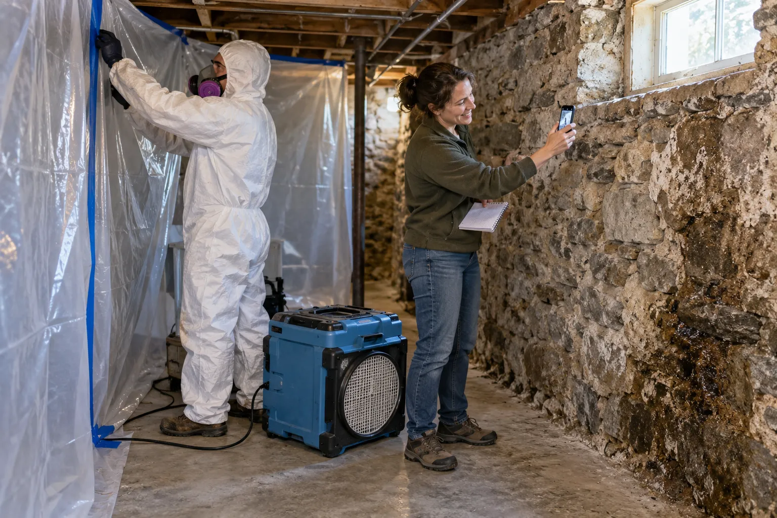 A local provider in protective gear checking a basement wall for mold in a Hammonton area home